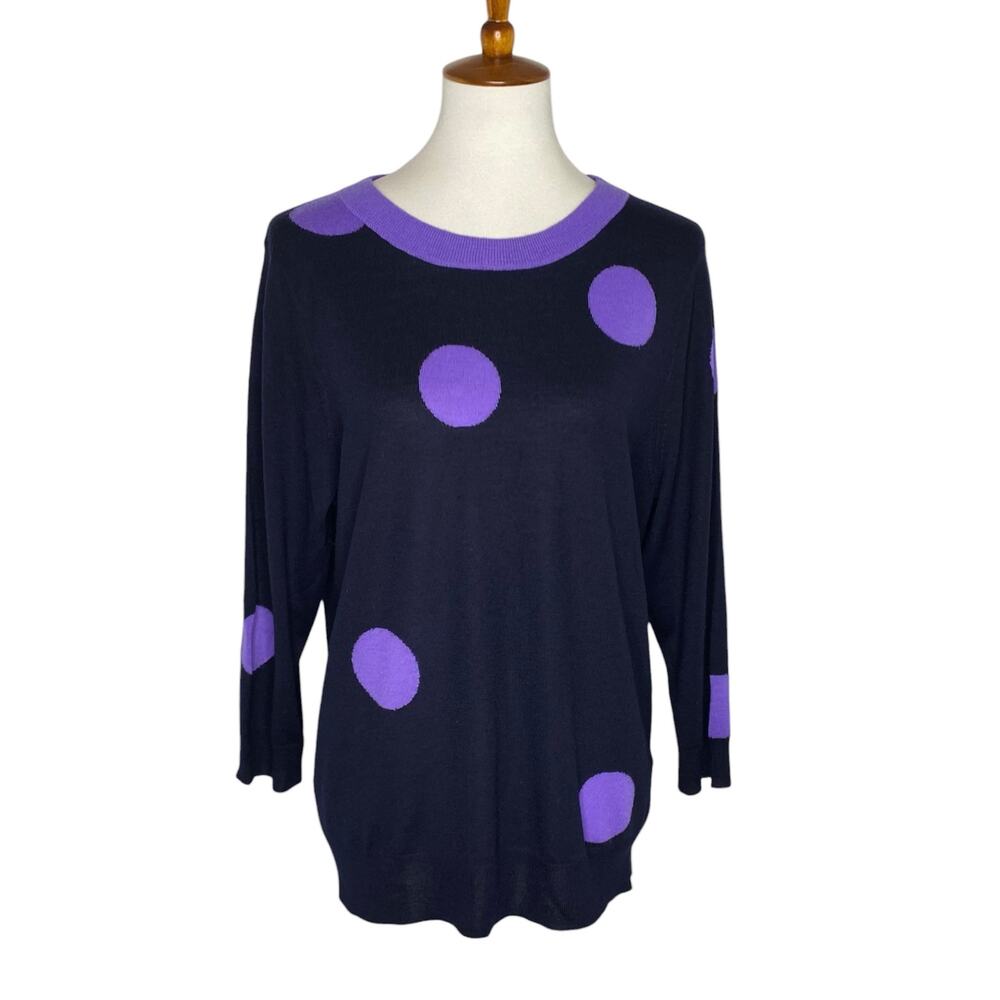 J. Crew Tippi Merino Wool Sweater Navy Blue Purple Polka Dot Knit Crewneck Sz XL - Picture 2 of 13
